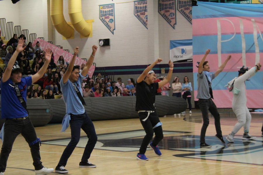 Mr. Silverado contestants dance their opening number at the Sadies Assembly on Feb. 14.