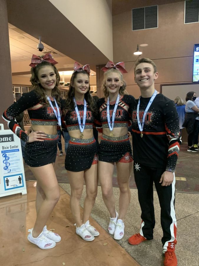 Athletes from Spirit of Vegas pose after competing in Saint George, Utah. 
From left:
Corinne Romo (9) , Aly Garcia (12), Aubrey Bucher (12), Danny Maxwell (11).