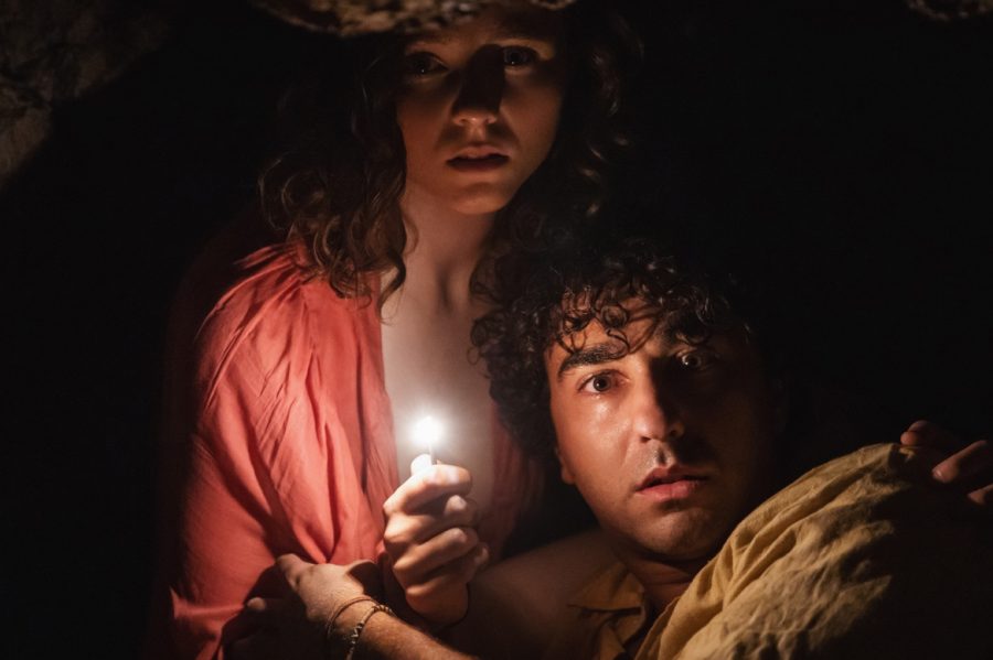 Thomasin McKenzie (left) and Alex Wolff (right) demonstrate their concern in Old.