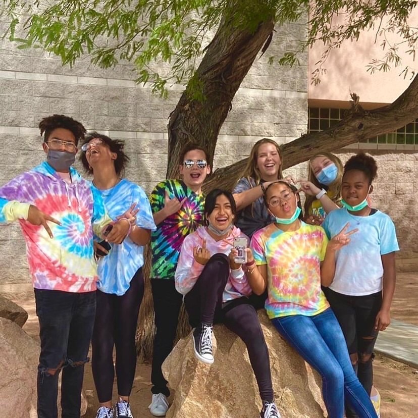For Tuesdays Drake and Josh spirit day, students gather in matching tie-dye clothing.