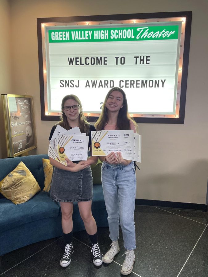 Talon yearbook editor Amber Martin and Silverado Star newspaper editor Grace Kelly show off their awards.