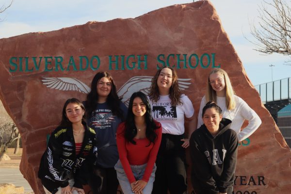 Top of their class! Valedictorian candidates pose and smile together. Back row from left to right: Lyndsey McNabb, Lydia Wellman and Grace Wiegand. Front row: Allyson Trump, Chloe Garza and Ariel Koltes.