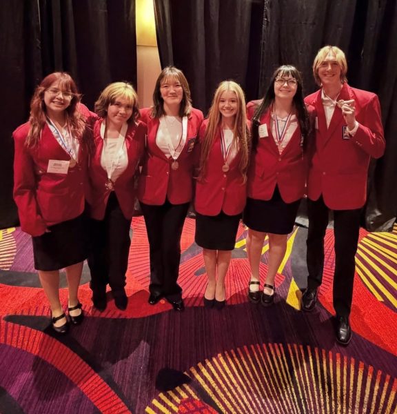 Winners at the SkillsUSA competition show off their medals on April 10. From left to right: Brianna Escalera, Dezarae Gonzalez, Kara Silver, Sophia Booth, Nya Cimino and Lucas Pfahler
